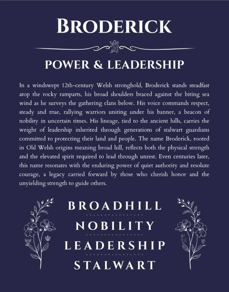 Broderick name origin print with meaning and traits in navy blue