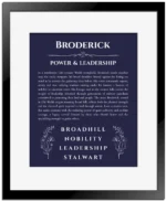 Broderick name origin print with meaning and traits in navy blue with black matte frame