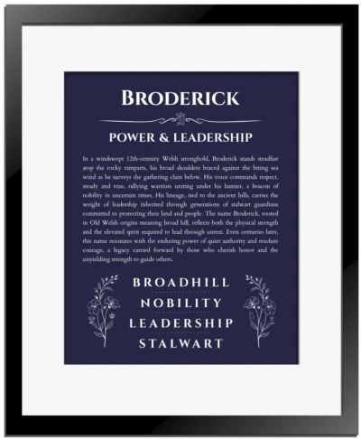 Broderick name origin print with meaning and traits in navy blue with black matte frame