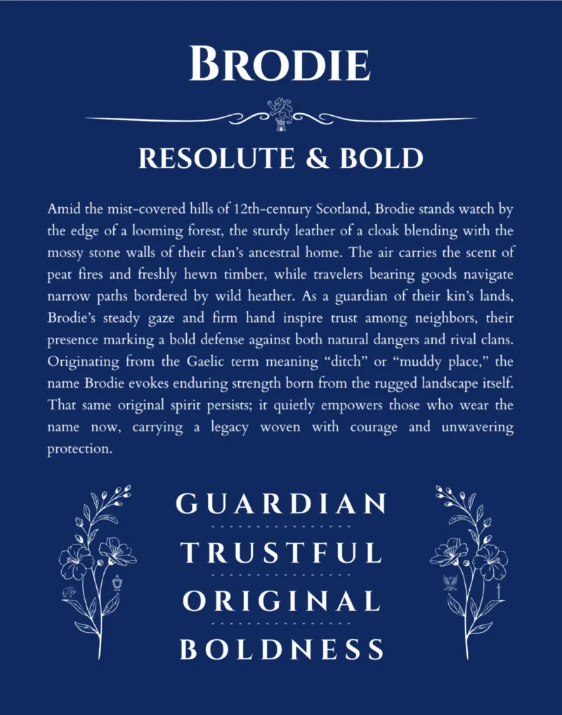 Brodie custom name art showing meaning and origin in deep blue