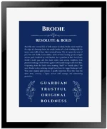 Brodie custom name art showing meaning and origin in deep blue with black matte frame
