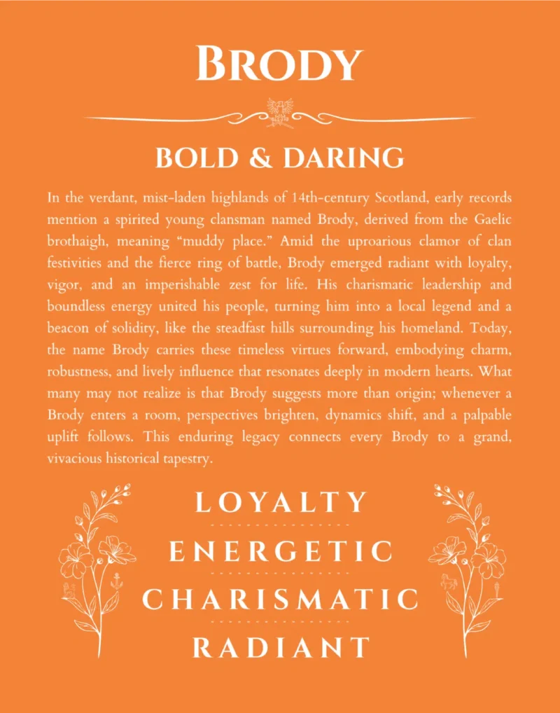 Brody personalized name print with origin and traits in orange