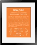 Bronson custom name meaning print in orange with black matte frame