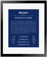 Bronx personalized name art with origin story in deep blue with black matte frame