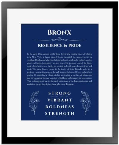 Bronx personalized name art with origin story in deep blue with black matte frame