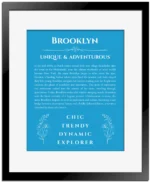 Brooklyn custom name print for wall display in blue with black matte frame