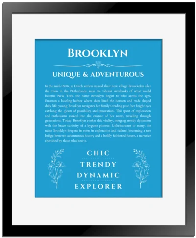 Brooklyn custom name print for wall display in blue with black matte frame