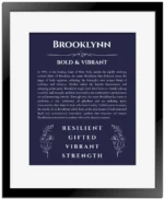 Brooklynn custom name meaning print in navy blue with black matte frame