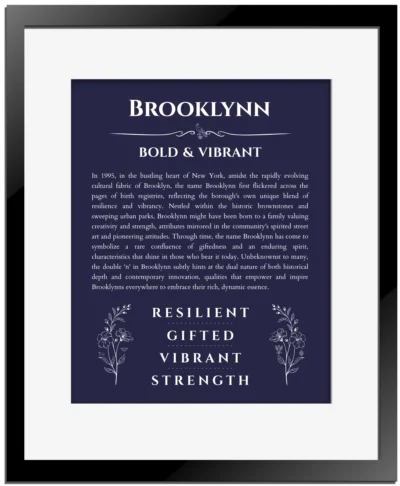 Brooklynn custom name meaning print in navy blue with black matte frame