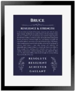 Bruce personalized name meaning print in navy blue with black matte frame