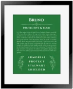 Bruno personalized wall art with the story of your name in dark green with black matte frame