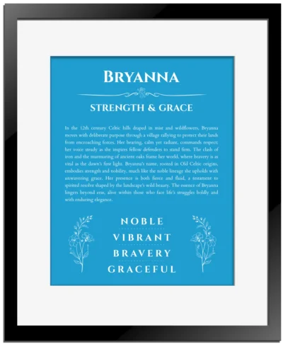 Bryanna personalized name art with origin story in blue with black matte frame