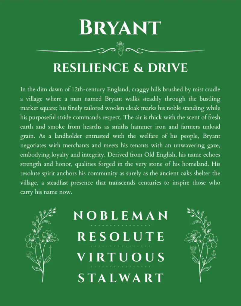 Bryant name origin print with meaning and traits in dark green