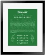 Bryant name origin print with meaning and traits in dark green with black matte frame