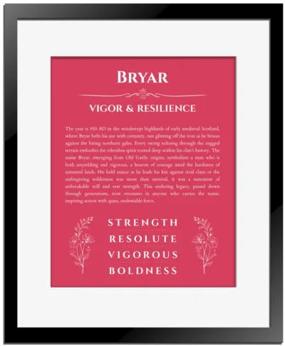 Bryar custom name meaning print in red with black matte frame