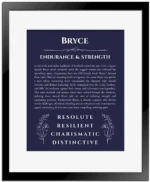 Bryce personalized name print with origin and traits in navy blue with black matte frame