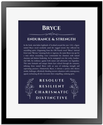 Bryce personalized name print with origin and traits in navy blue with black matte frame