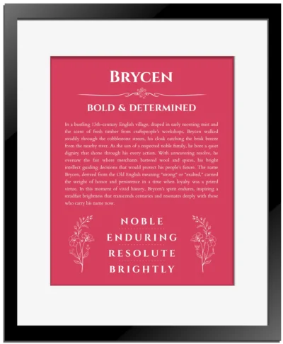 Brycen custom name meaning print in red with black matte frame