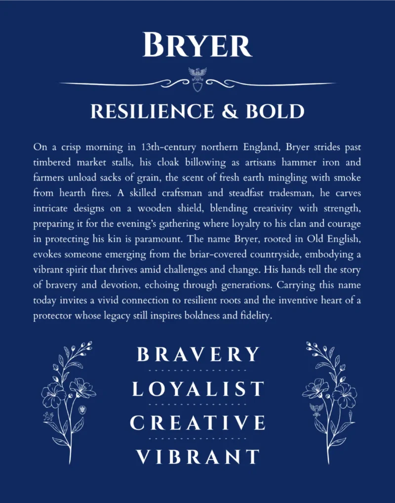 Bryer custom name art showing meaning and origin in deep blue
