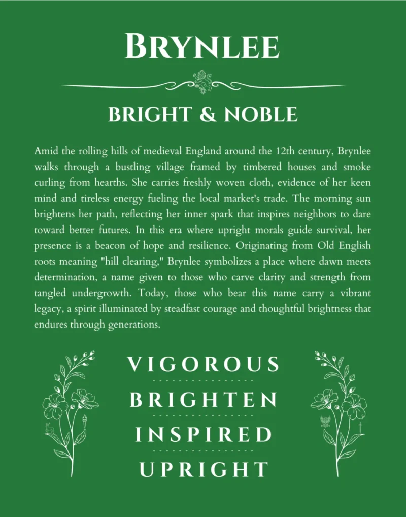 Brynlee personalized name print with origin and traits in dark green