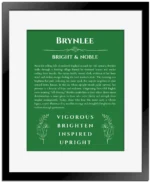 Brynlee personalized name print with origin and traits in dark green with black matte frame