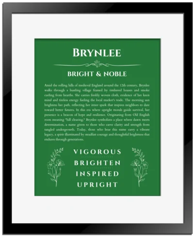 Brynlee personalized name print with origin and traits in dark green with black matte frame