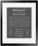 Brynleigh custom name art showing meaning and origin in gray with black matte frame