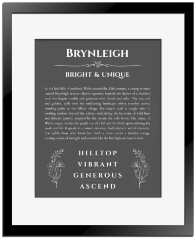 Brynleigh custom name art showing meaning and origin in gray with black matte frame