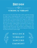 Brynn name origin print with meaning and traits in blue