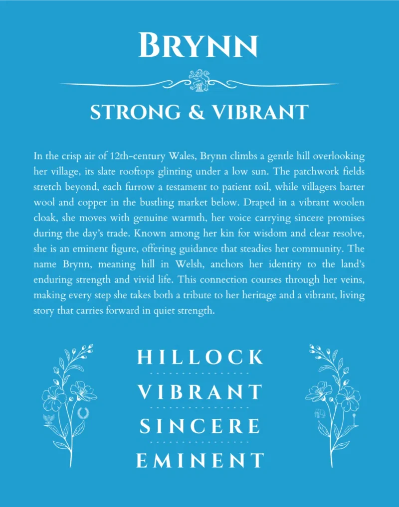 Brynn name origin print with meaning and traits in blue