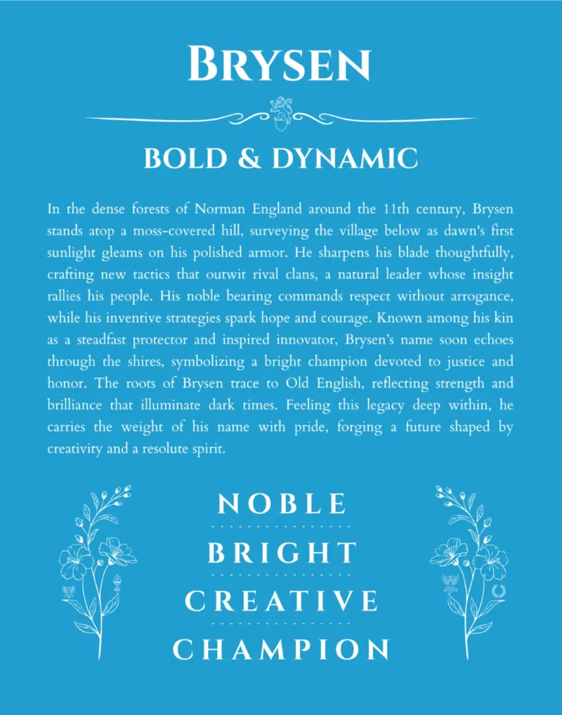 Brysen custom name art showing meaning and origin in blue