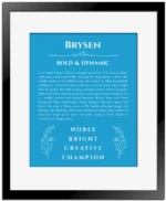 Brysen custom name art showing meaning and origin in blue with black matte frame