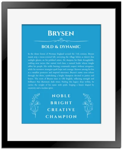 Brysen custom name art showing meaning and origin in blue with black matte frame