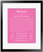 Bryson personalized wall art with the story of your name in pink with black matte frame