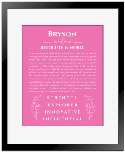 Bryson personalized wall art with the story of your name in pink with black matte frame