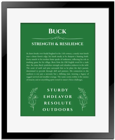 Buck name meaning wall art by Get Your Story in dark green with black matte frame