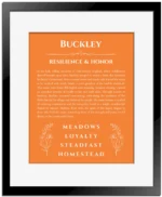 Buckley custom name meaning print in orange with black matte frame