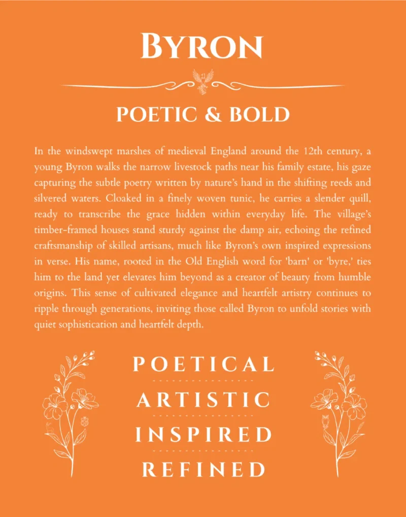 Byron custom name art showing meaning and origin in orange