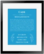 Cade personalized name print with origin and traits in blue with black matte frame
