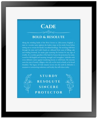 Cade personalized name print with origin and traits in blue with black matte frame