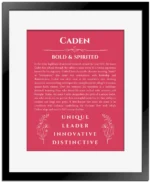 Caden personalized wall art with the story of your name in red with black matte frame