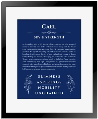 Cael personalized name meaning print in deep blue with black matte frame