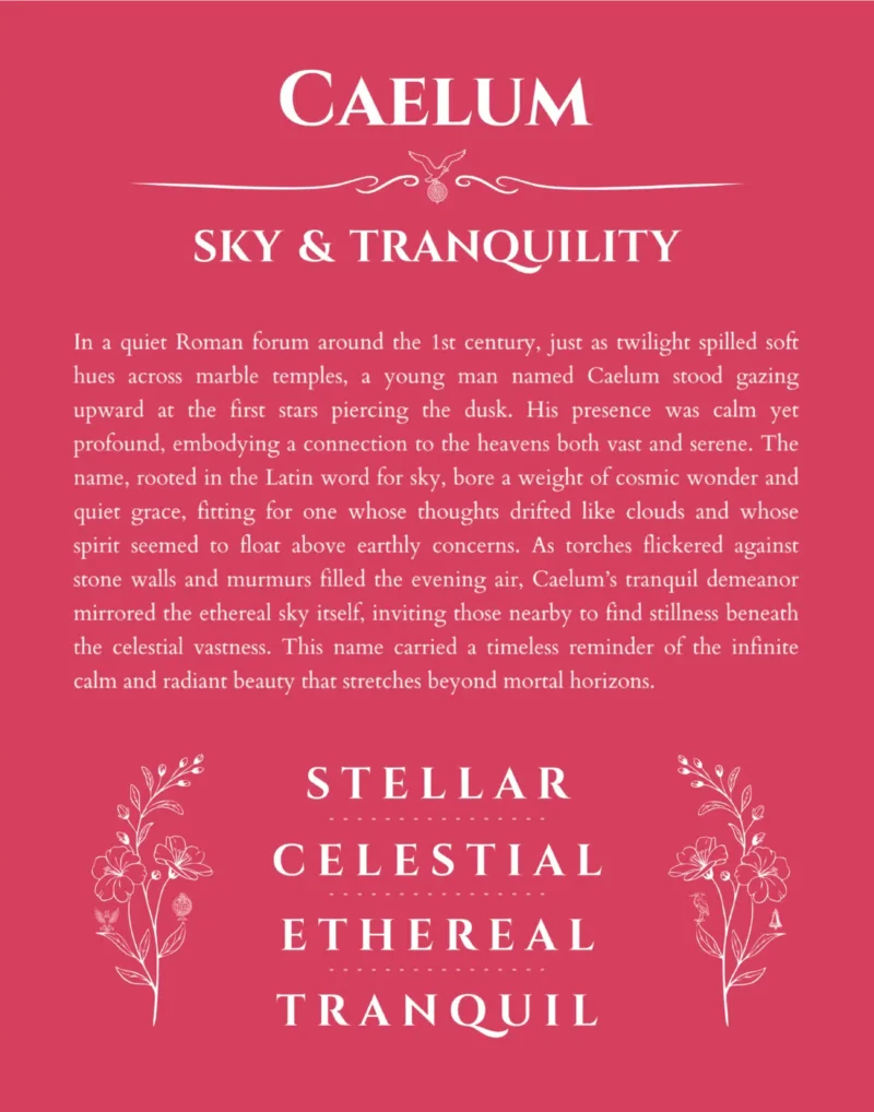 Caelum personalized name art with origin story in red