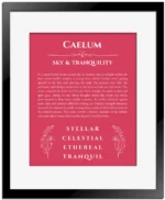 Caelum personalized name art with origin story in red with black matte frame