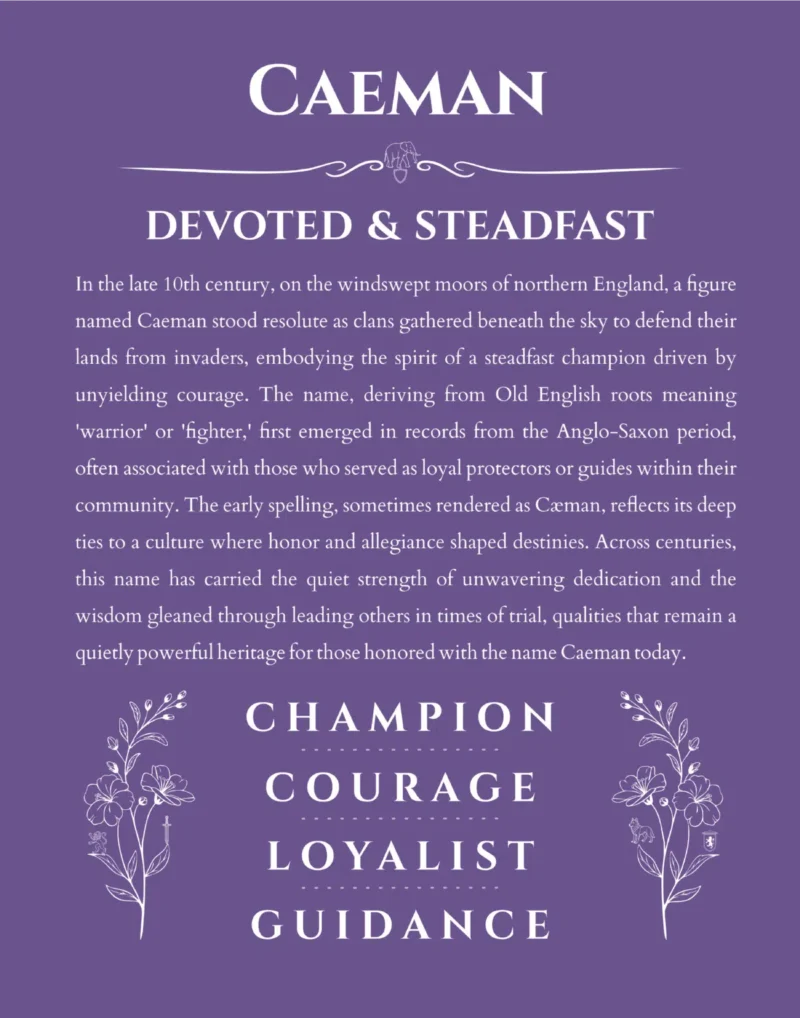 Caeman custom name art showing meaning and origin in purple