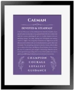 Caeman custom name art showing meaning and origin in purple with black matte frame