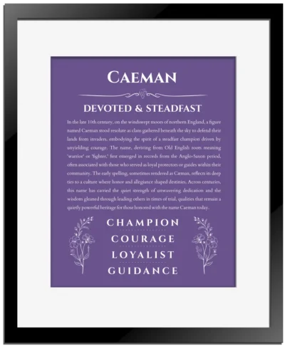 Caeman custom name art showing meaning and origin in purple with black matte frame