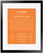 Caesar custom name art showing meaning and origin in orange with black matte frame