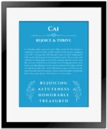 Cai name origin print with meaning and traits in blue with black matte frame