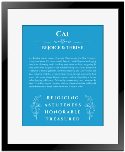 Cai name origin print with meaning and traits in blue with black matte frame